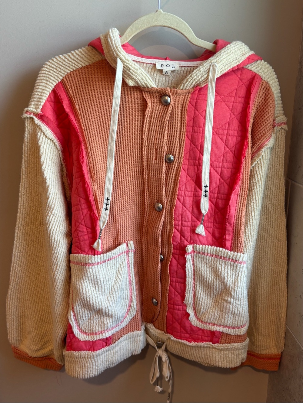 POL Quilted & Waffle-Knit Hoodie — Coral, Peach & Cream